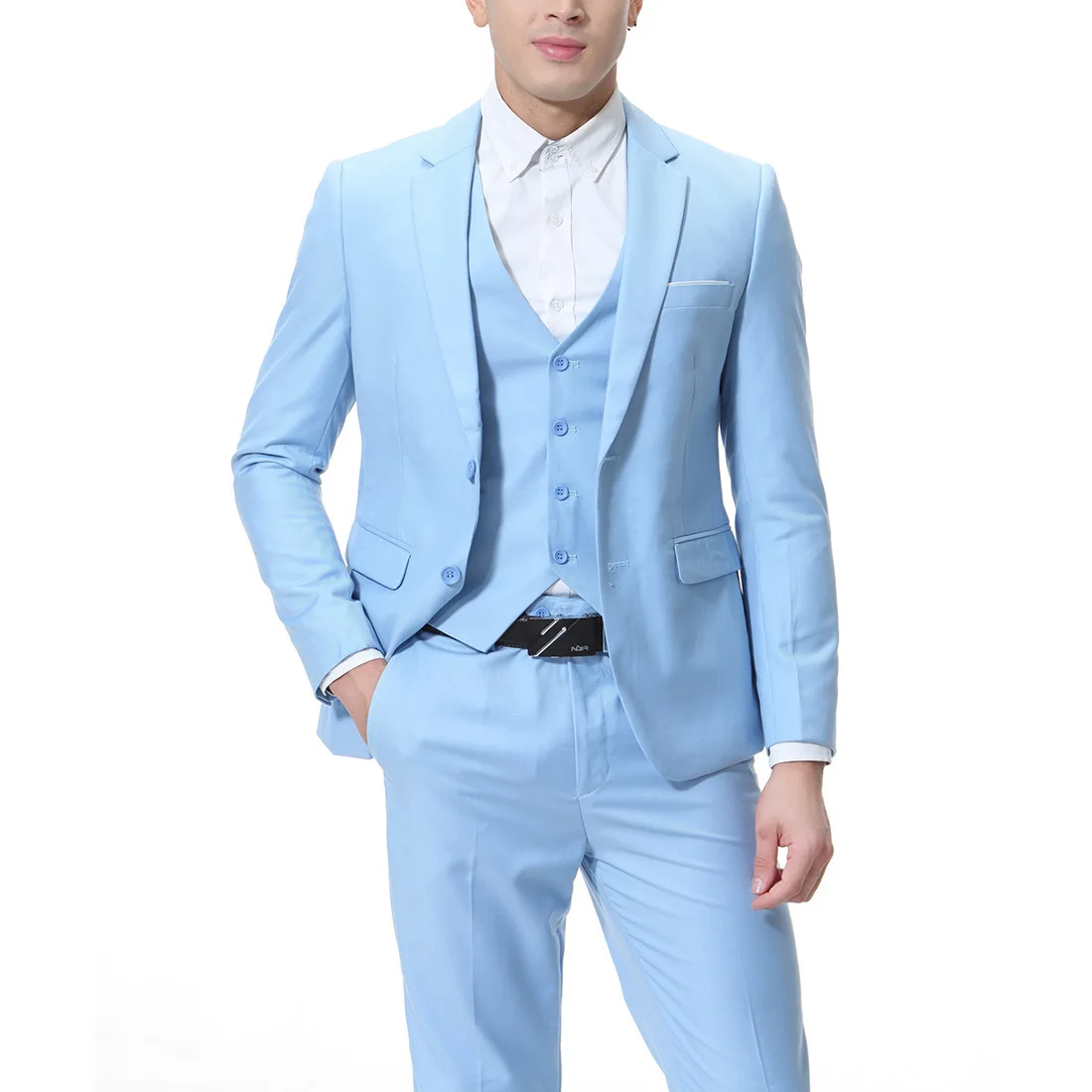 

Lansboter Sky Blue Men Suit 3 Pieces Slim Fitting Business Casual For Wedding Groom Banquet Formal Set Jacket Vest With Pants