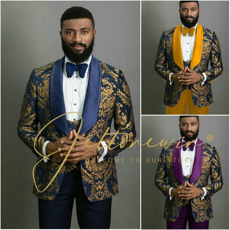 

Navy Blue Gold Floral Men Wedding Suit Tailor Made Slim Fit Tuxedo Groom Formal Party Suit Mens 3 Piece Wedding Best Man Suit