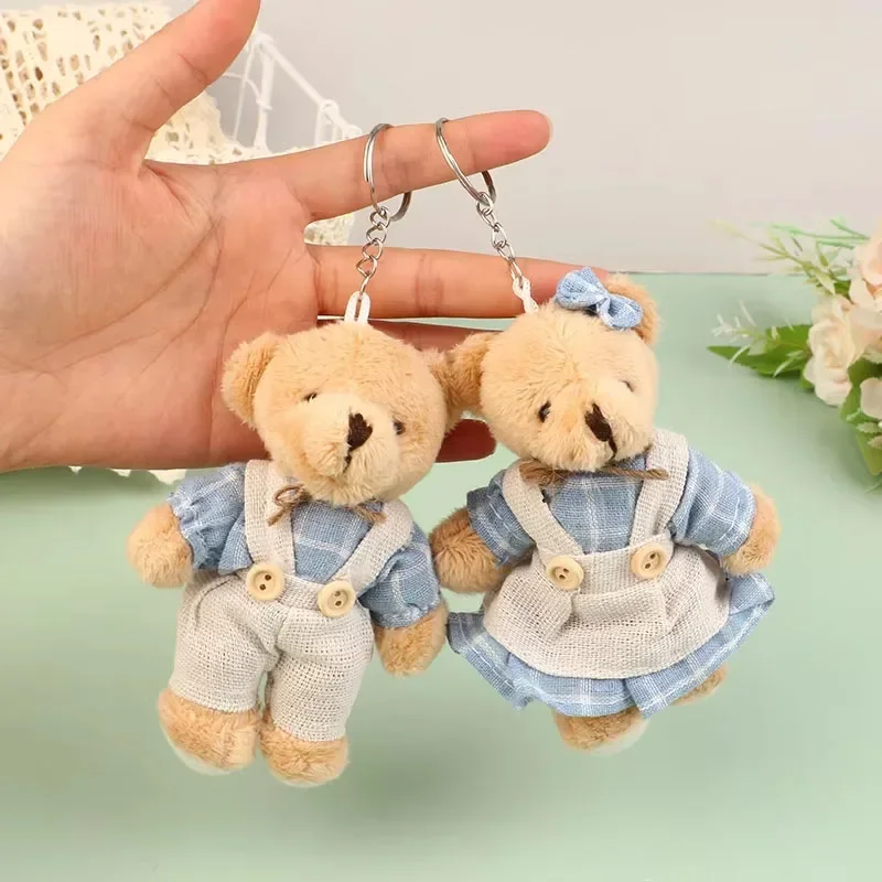 11cm Little Bear Plush Stuffed Toys Cute Wear Clothes Couple Cartoon Bear Keychain Doll Backpack Car Bag Wedding Decor Kid Gift