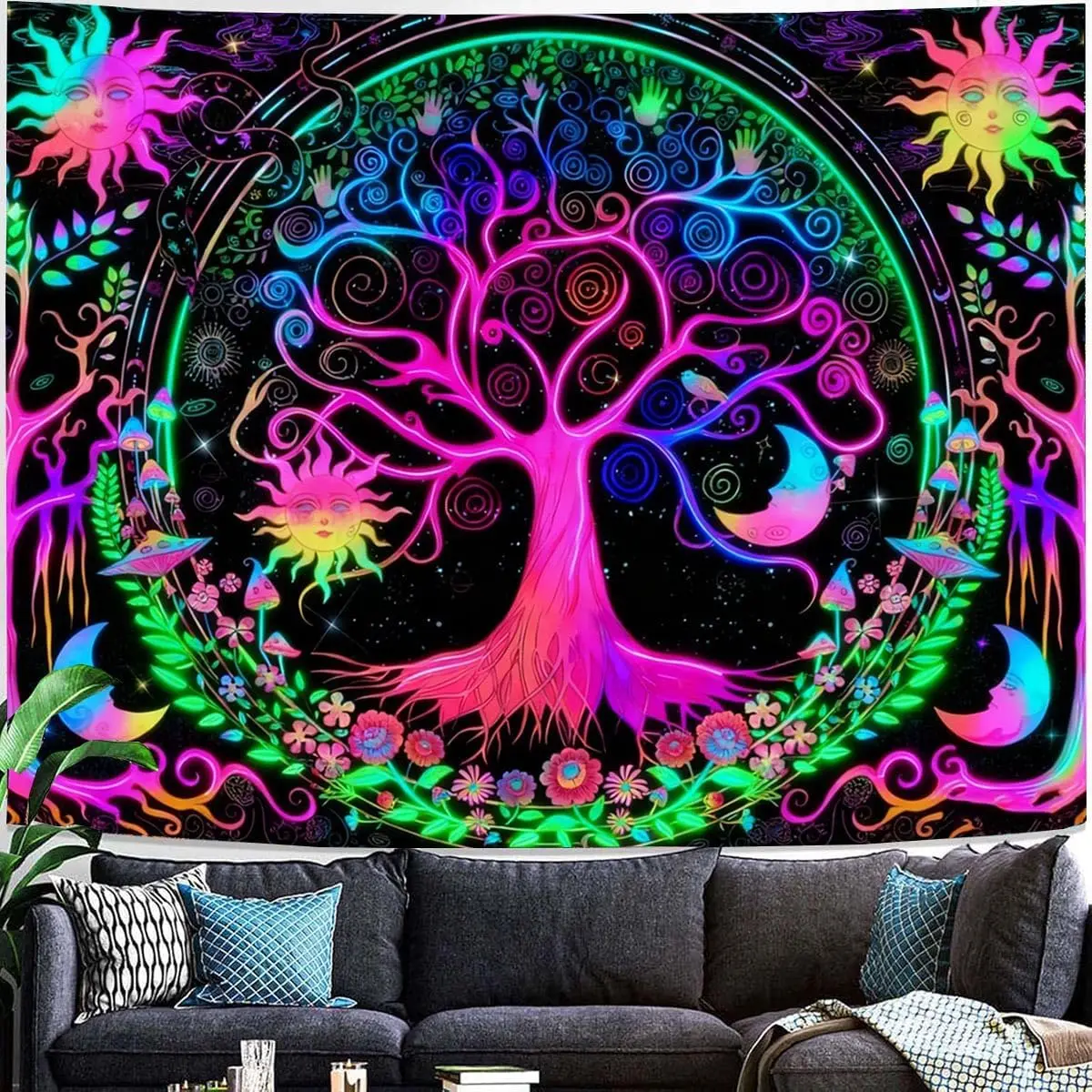 Sun And Moon Phase Colorful Tree of Life Tapestry Galaxy Flower Plant Tapestries Boho Mandala Spiritual Aesthetic Wall Hanging