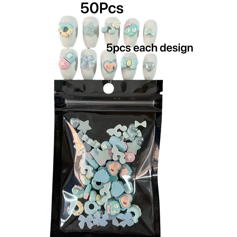 50Pcs Daily Use Baby Blue Kawaii Girls Nail Art Decoration Charms Cute Small Cartoon Capsule Bow Love Heart Note Wings Diy Craft