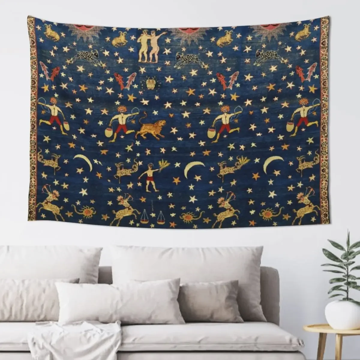 

ANTIQUE PERSIAN CARPET WITH ZODIACAL SIGNS,STARS IN BLUE SKY Tapestry Wall Coverings Wall Hanging Wall Decoration Items Tapestry
