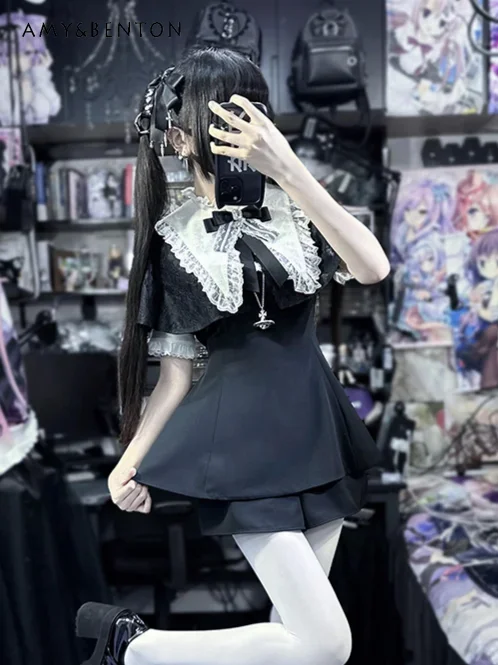 Japanse Stijl Mijn Serie Lolita Korte Mouwen Top Twee Delige Set Zomer Herfst Revers Cape Jurk Zoete Gothic Outfits