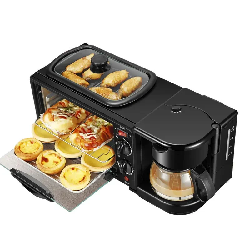 

3 in 1 Breakfast Maker Electric Toaster Coffee Pot Glass Frying Pan Stainless Steel Household Oven Set