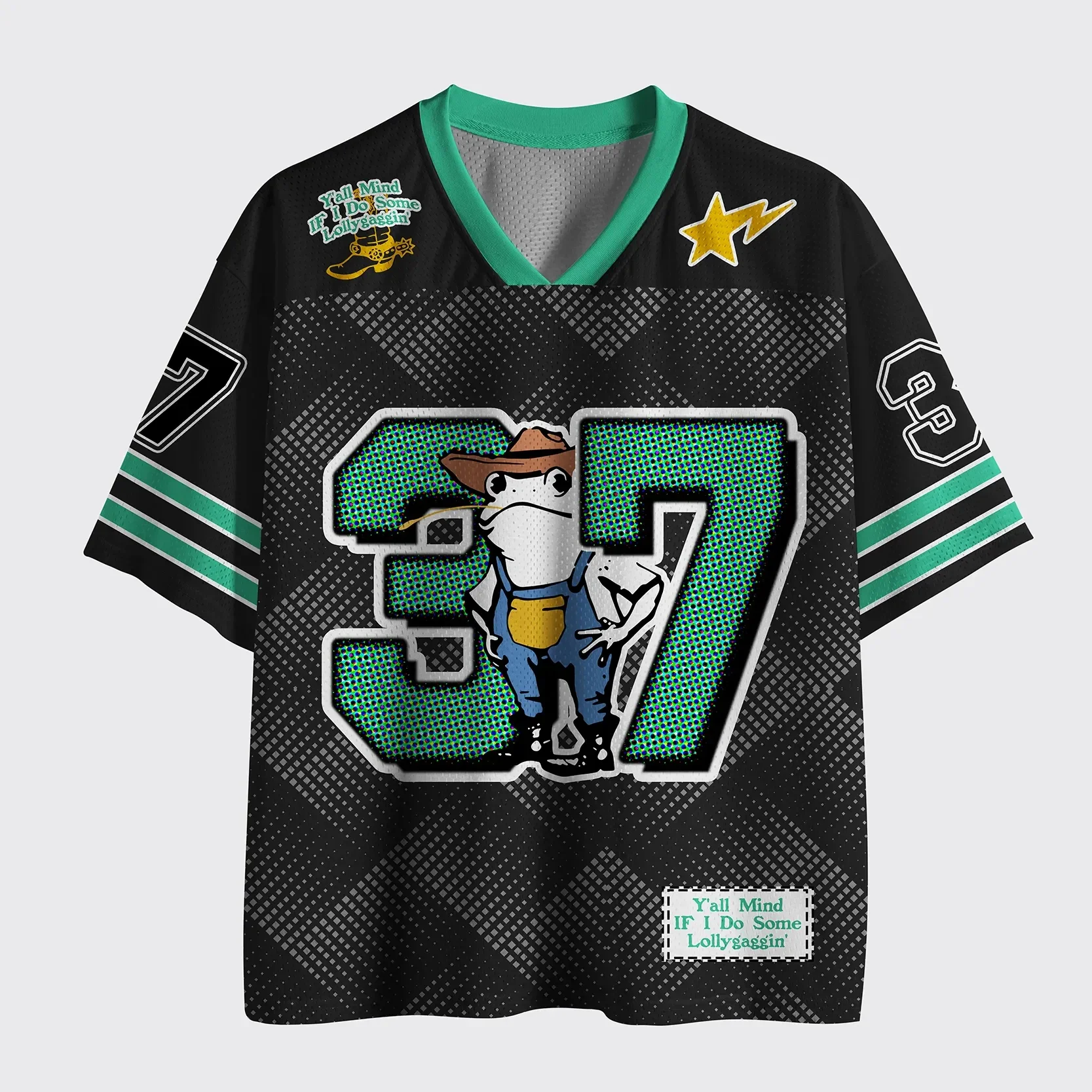 Trending Must‑have V‑Neck Mesh Sports Jersey Top Rated Quirky Cartoon Cowboy Frog 37 Graphic Print Short Sleeve Tops