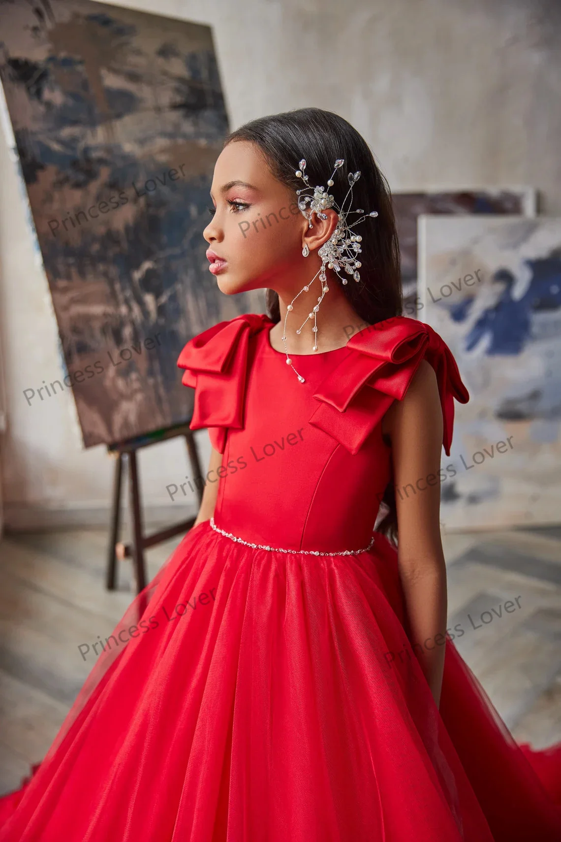 Delicado Tulle Red Flower Girl Vestidos com Arcos Sem Mangas Fluffy Primeira Comunhão Vestido Meninas Pageant Vestido