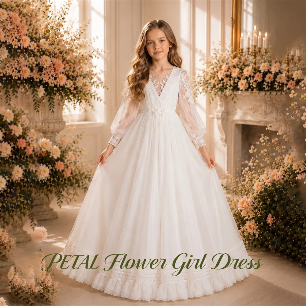 Petal V Neck Kids Birthday Party Dress With Lace Appliques Pageant Dress for Girl Pure White First Communion Gown Customized