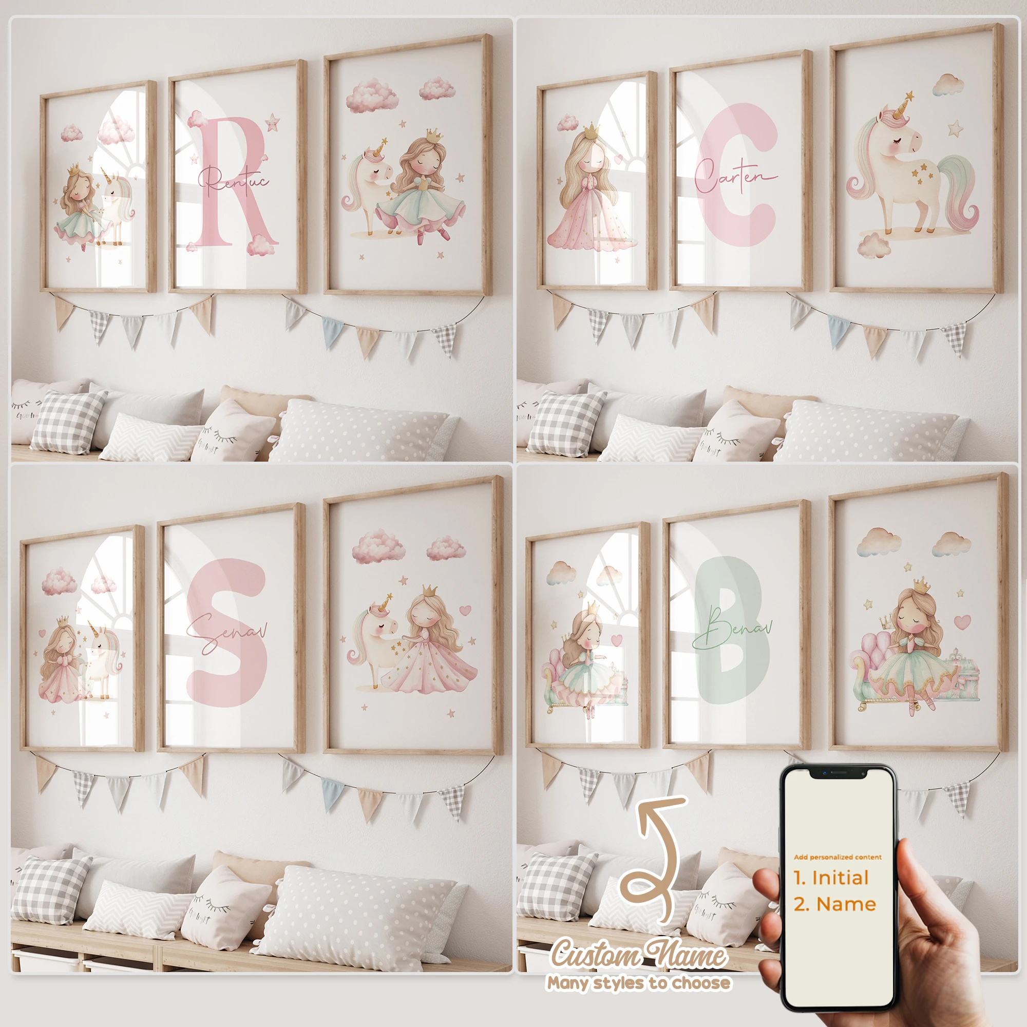 3pcs Personalized Custom Name Cartoon Child Unicorn Wall Art Print Picture Canvas Poster Painting For Living Room Home Decor