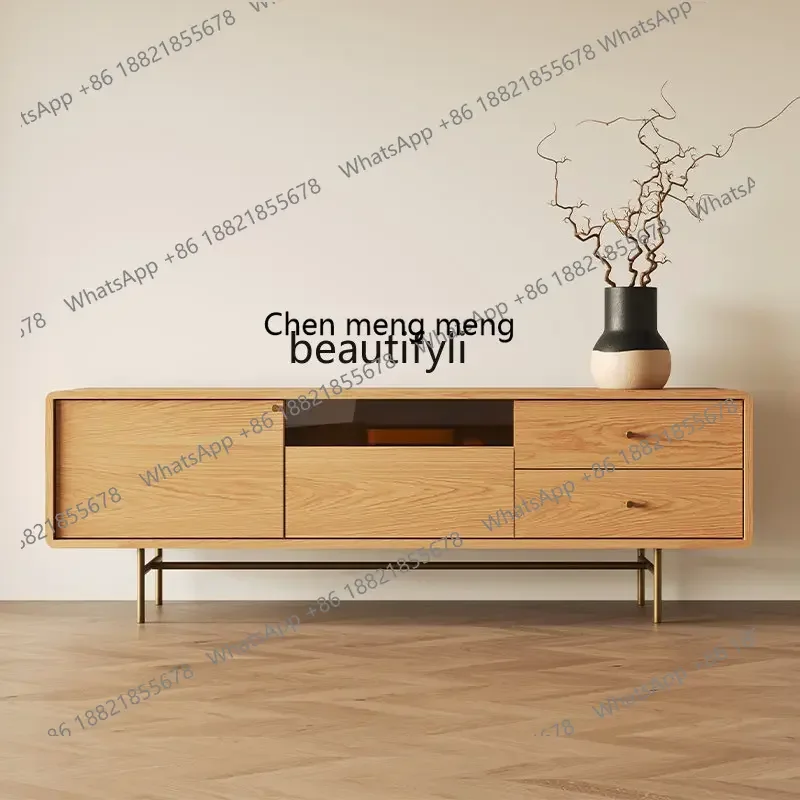 

Solid Wood TV Cabinet Wood Color Japanese Style Living Room Small Apartment Nordic Style Iron TV Series Cabinet