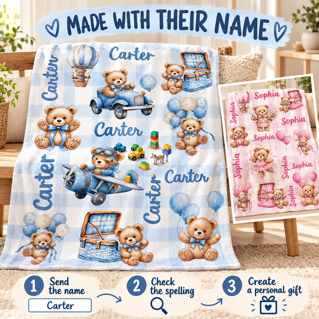 Personalized Hot Air Balloon Pilot Bear Soft Throw Blanket with Name Baby Shower Daily Use Birthday Christmas Gift for Boy Girls