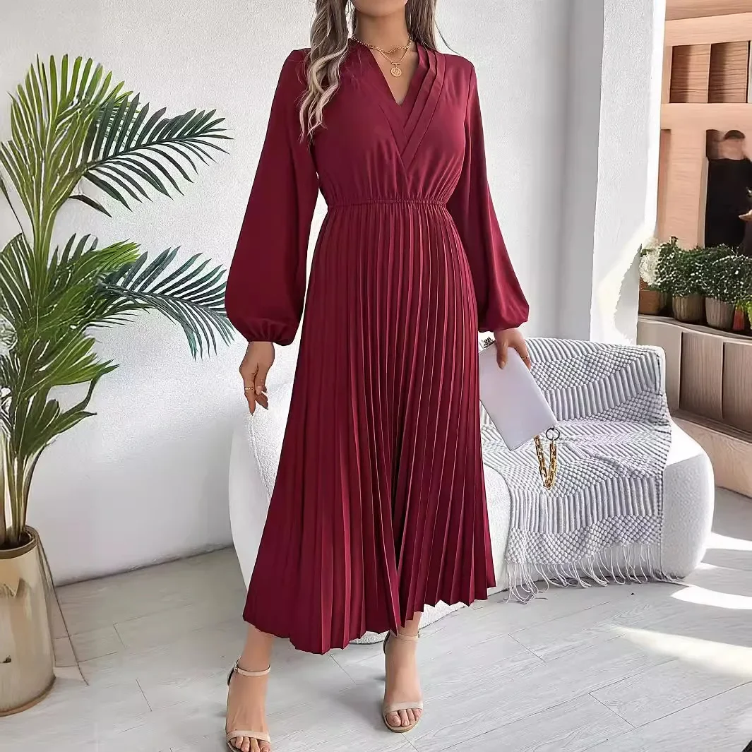 Solid Color Temperament Triple V-neck Dress, Women's New Elegant Elastic Waist Slim Pleated Dress for Autumn and Winter Vestidos