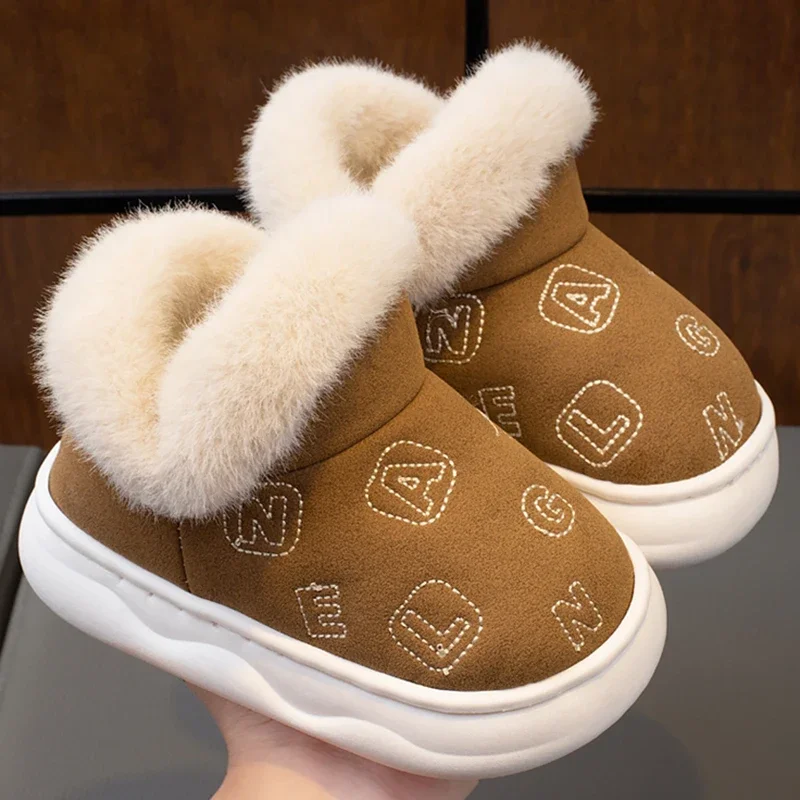 Fashion Winter Children\'s Cover Heel Fluffy Casual Home Shoes Boys Girls Boots Non-slip Warm Kids Slip On Cotton-padded Shoes