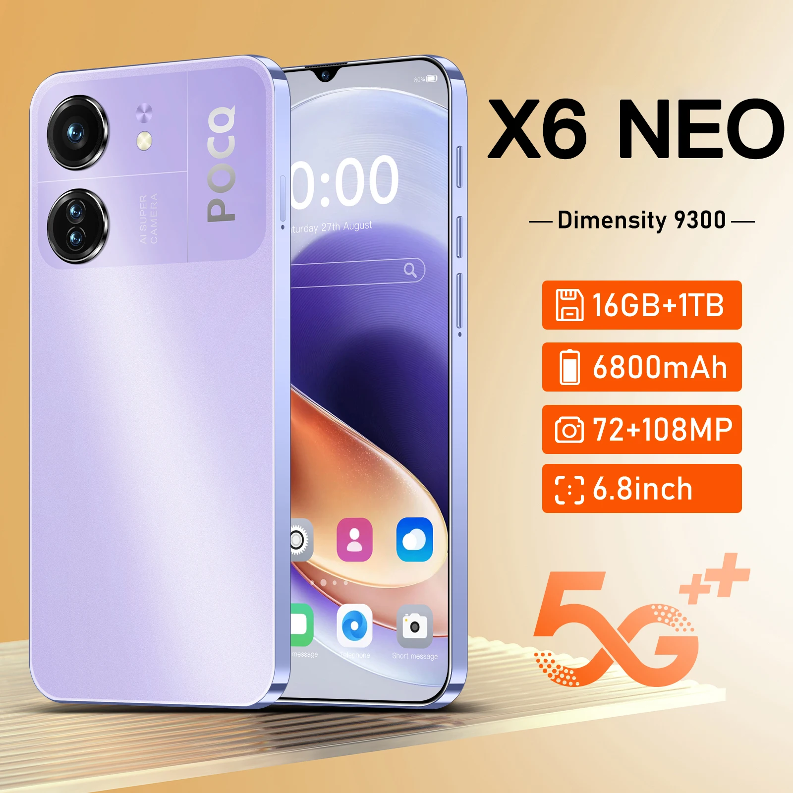 2024 New X6 NEO Smartphone 6.8 inch Full Screen 4G/5G Cell Phone 16TB+1TB 6800mAh Mobile Phones 108MP Global Version Celulares