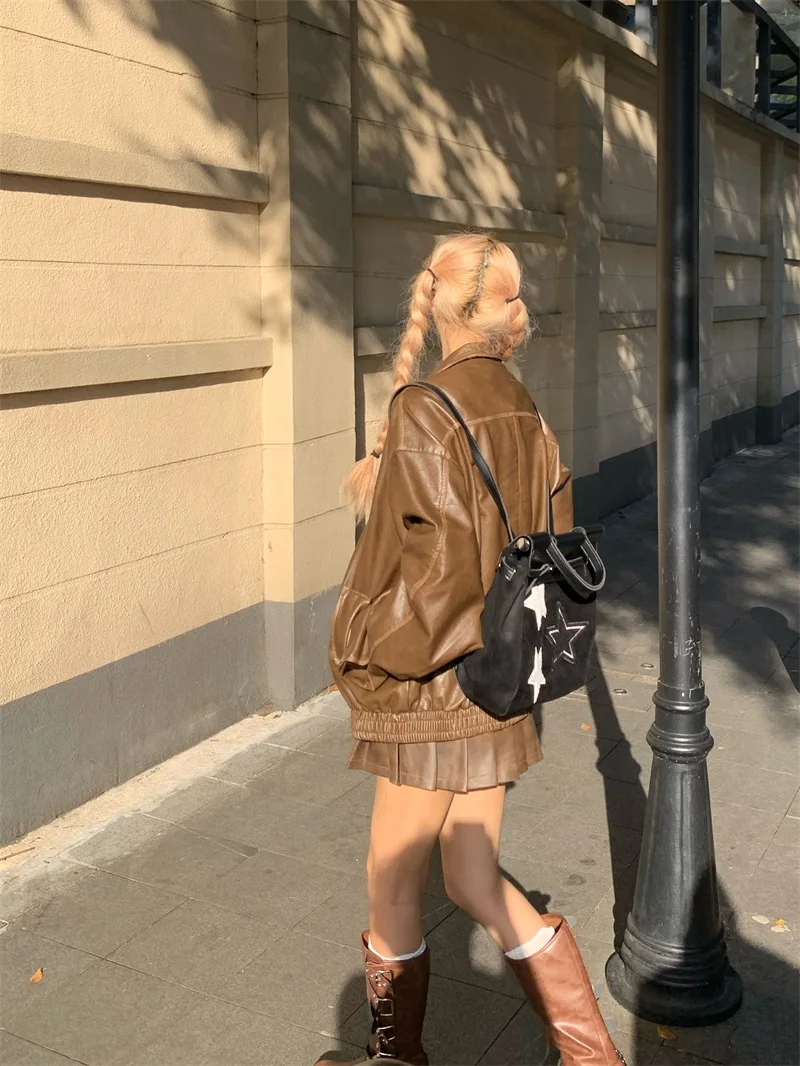 レディース バイカー スレ コーヒー レザー ジャケット 秋冬 ファッション デザイン レトロ アメリカン ジャケット コート ロング スリーブ ジッパー クロージャー