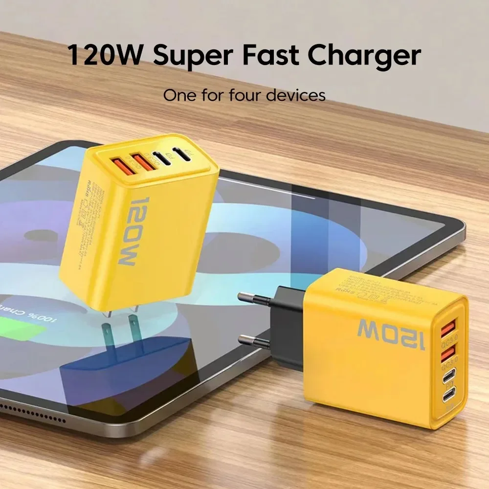 Total 120W USB Fast Charger 6A Cables Quick Charging USB 3.0 Type C EU US Plug Charger For Xiaomi iPhone 15 Pro Max Wall Adapter