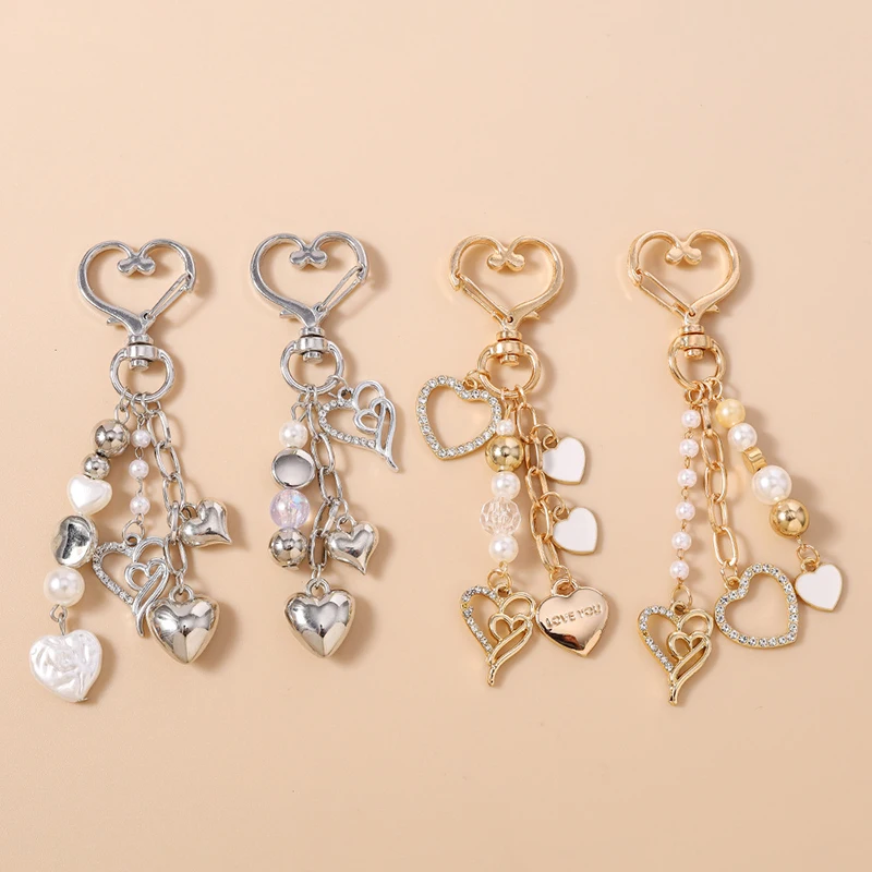 Cute Imitation Pearl Keychain Metal Love Heart Bow Pendant Keyrings For Women Car Key Holder Handbag Key Chains DIY Gifts