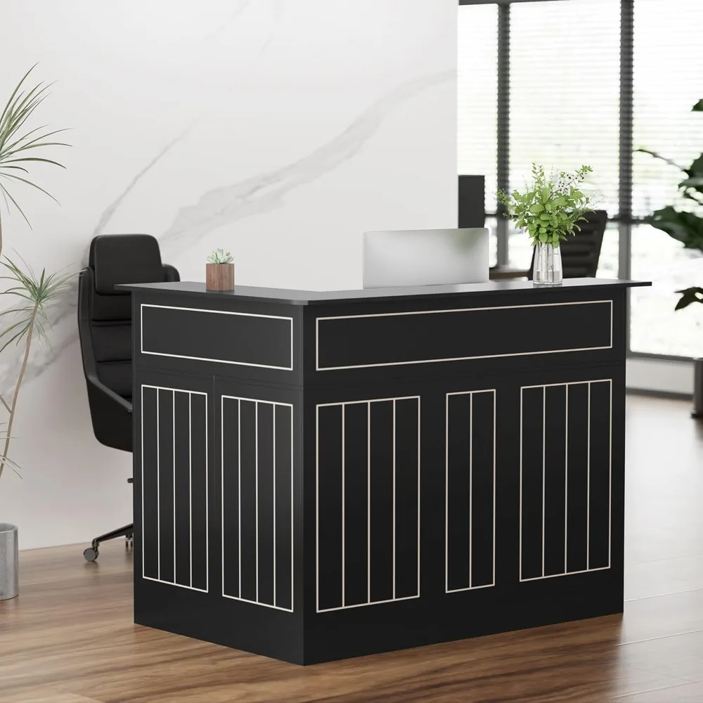 مكتب استقبال مع أرفف تخزين ودرج، مكتب أمامي حديث على شكل حرف L مع مخرج طاقة، طاولة طاولة استقبال للشيكو #1