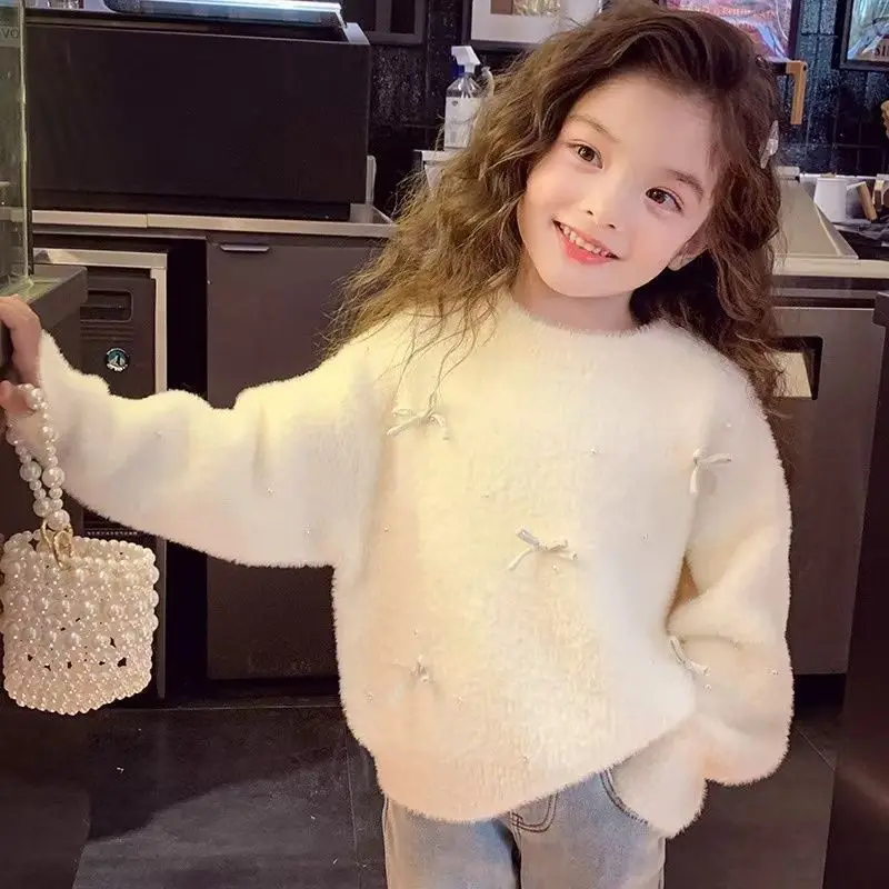 2026 Autumn Winter Red Christmas Girls Sweater Korean Version Bow Pullover New Year's Children's Clothing