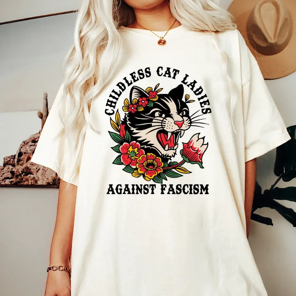 Election 2024 Childless Cat Ladies Against Fascism Women's Fashion Cute Top Basic Short Sleeve Round Neck Plus Size T-Shirt