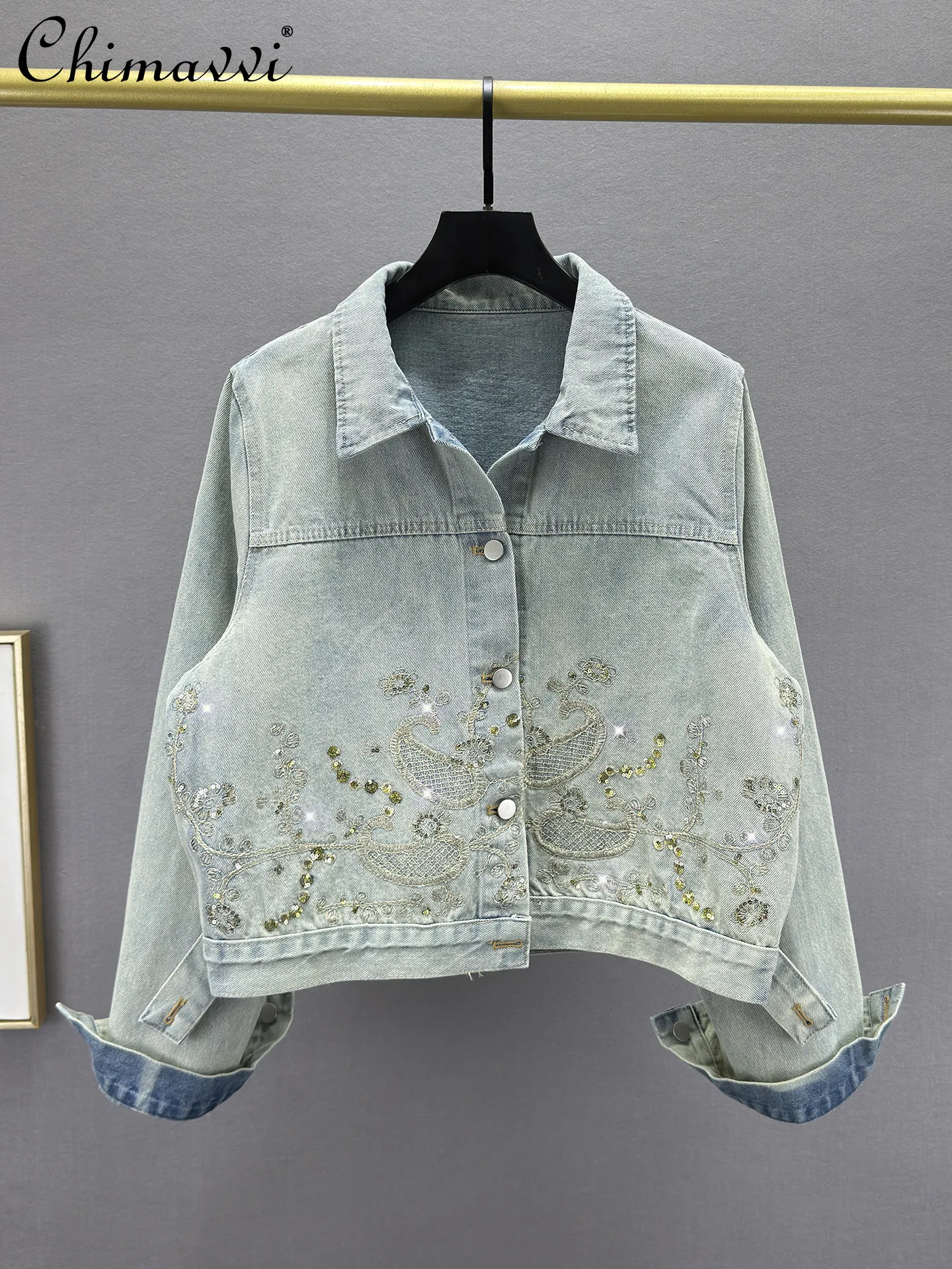 Heavy Embroider Sequin Denim Outwear Women's 2026 Spring New Fashion Loose Slimming Retro Old Long Sleeves Jackets Coat