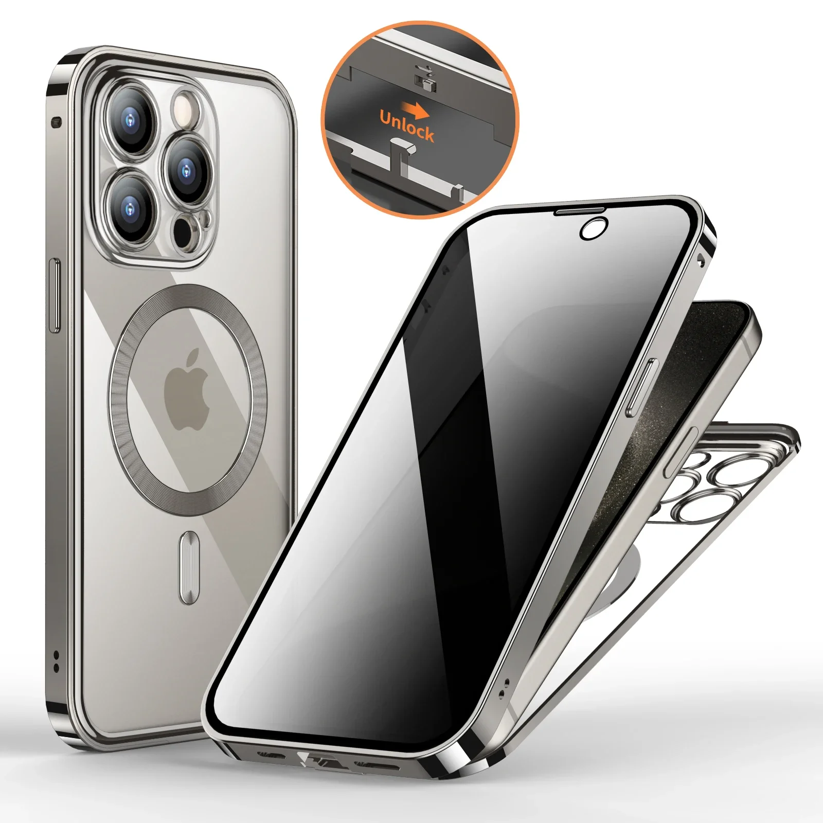 Alloy Bumper Dual Glass Cover for iPhone 15 Pro Max 14 Magsafe Case Full-Body Metal Frame 9H Privacy HD Screen Protector