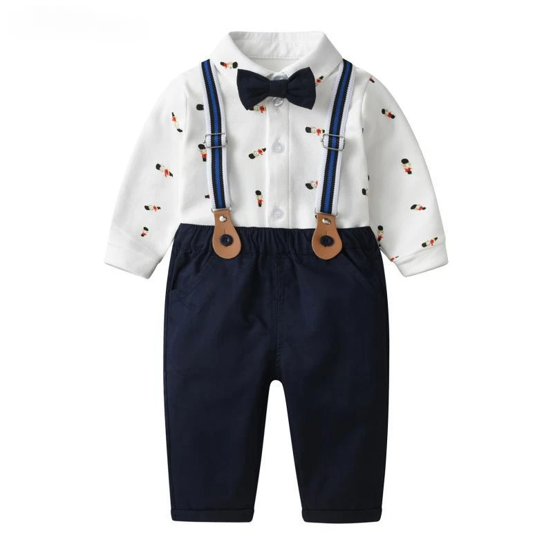 2024 Children Korean Fashion Cartoon Kids Boy First Birthday Cosumes Matching Bear Printed Shirt With Bowknot + Suspender Pants