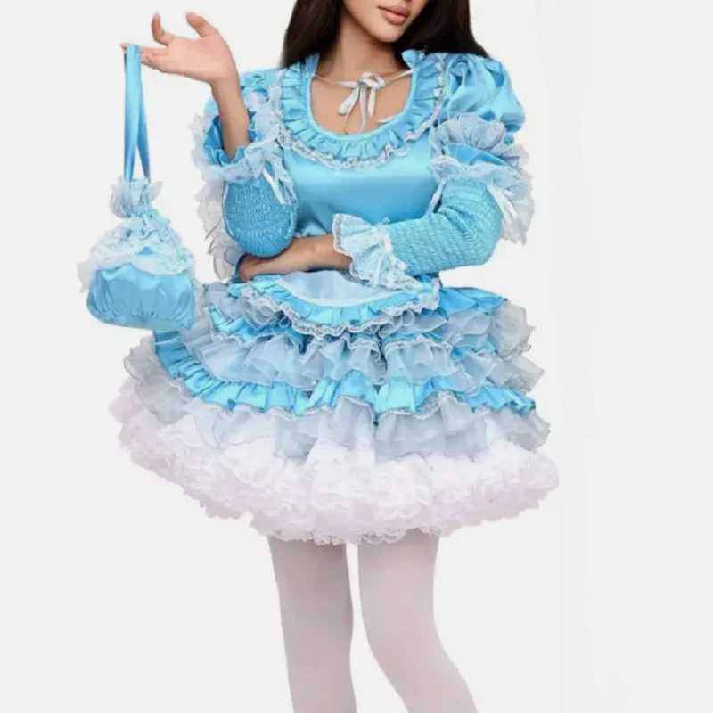 

Sissy Girl Maid Lockable Blue Satin Organza Dress Tailored cosplay costume