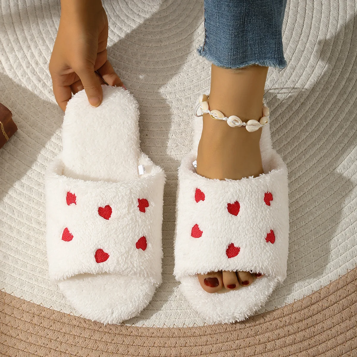 Winter Fluffy Women's Slippers Plush Heart-shaped Home Slippers For Women Flat Platform Casual Indoor Open Toe Fashion Footwear image 5