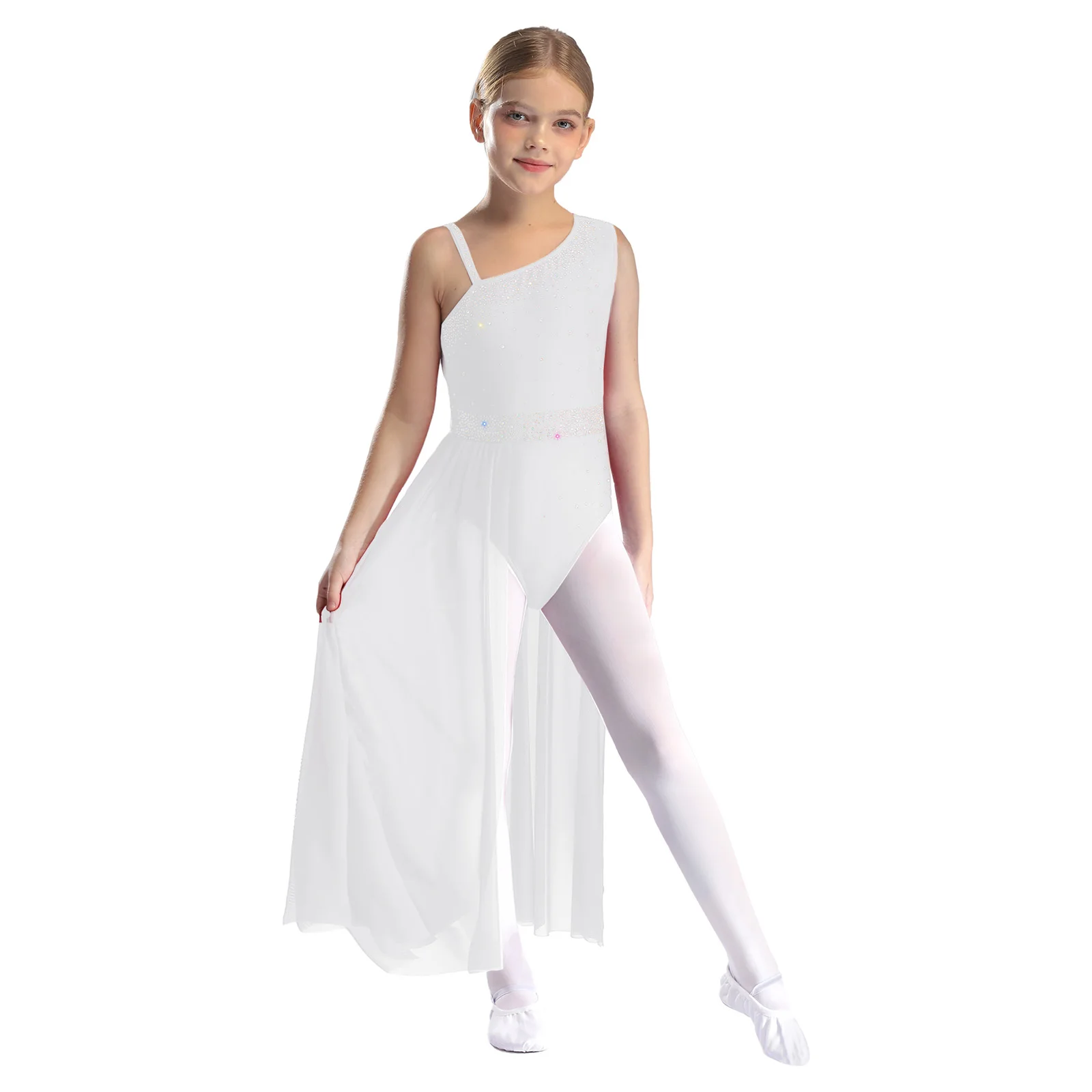 Vestito da ballo lirico moderno per ragazze, monospalla, con strass, diviso, in rete trasparente, per balletto, ginnastica, pattinaggio, body, costume contemporaneo
