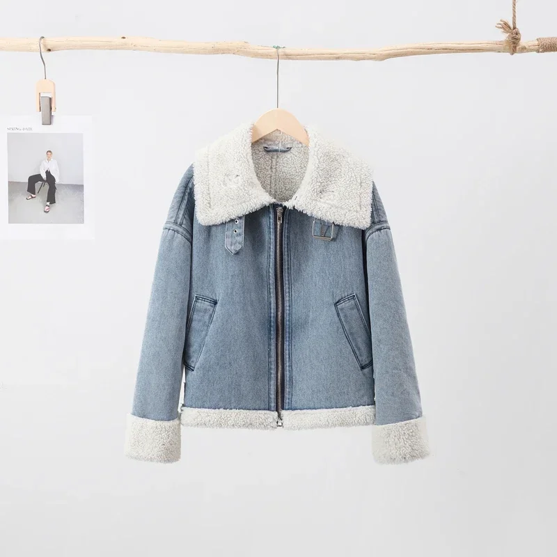 Lapel Lambs Wool Denim Women Cropped Jacket Casual Thicken Long Sleeve Zipper Coat Autumn 2023 Fashion Vintage Fleece Lady Top