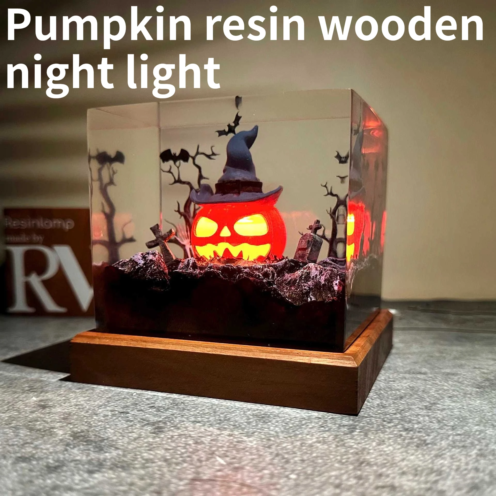 Creative Handmade Pumpkin Halloween Lantern Resin Wooden Night Light Halloween Gift