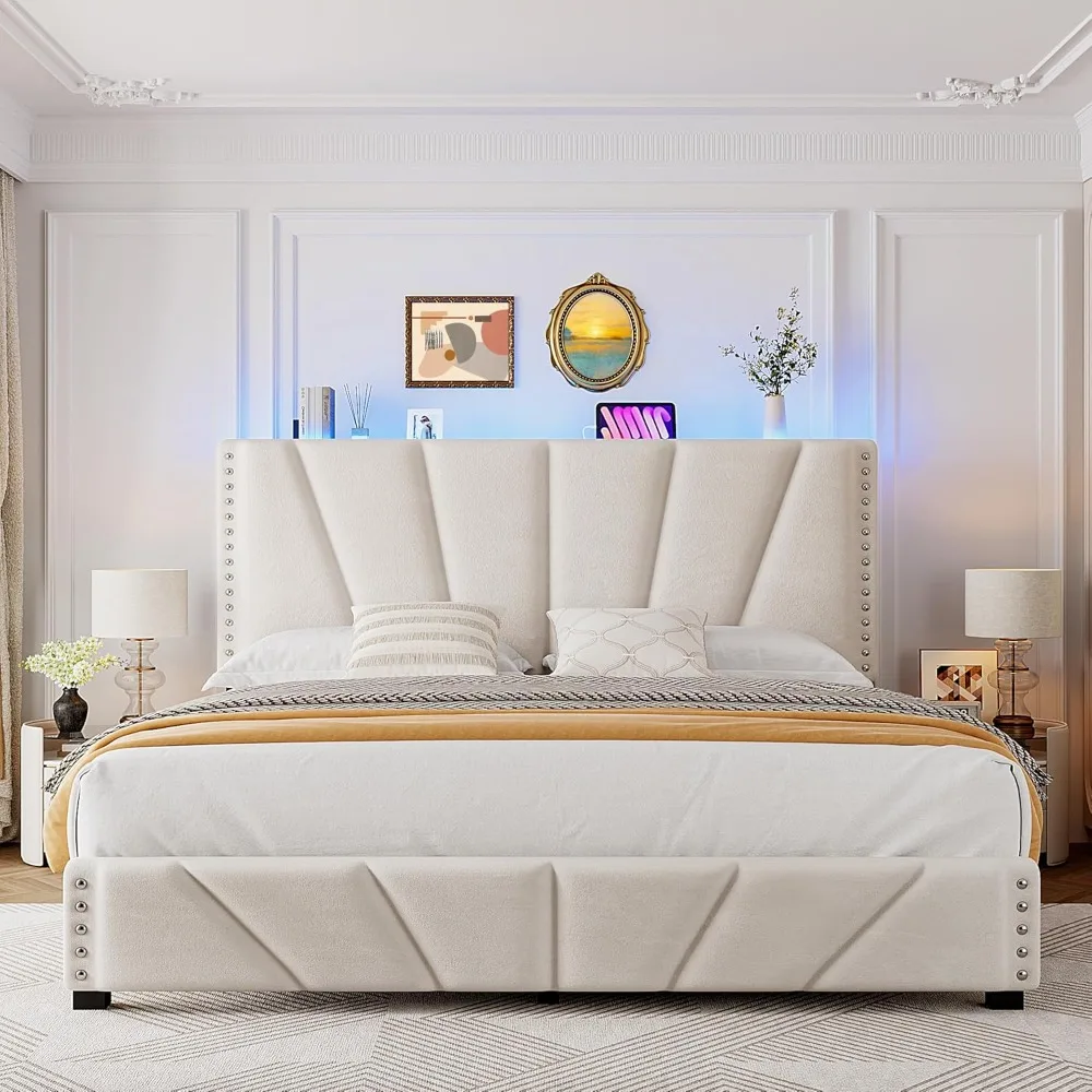 

Bed Frame with Velvet Headboard, Storage Headboard Platform Bed with Charging Station and LED Lights, Sturdy Wooden Slats