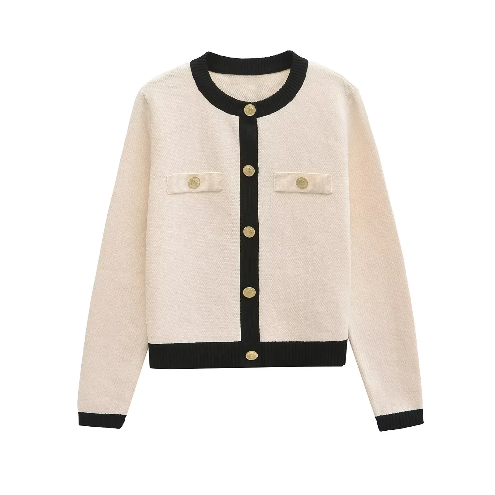 KAOPU ZA women fashion knit cardigan with golden buttons Women's vintage crew-neck long sleeve pocket sweater jacket top Fall