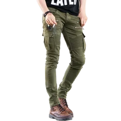 Fashion Fold Men Jeans Stretch Pleated Biker Cargo Jeans Zipper Skinny Slim Fit Trouser Hiphop Punk Multi Pocket Denim Pant Male