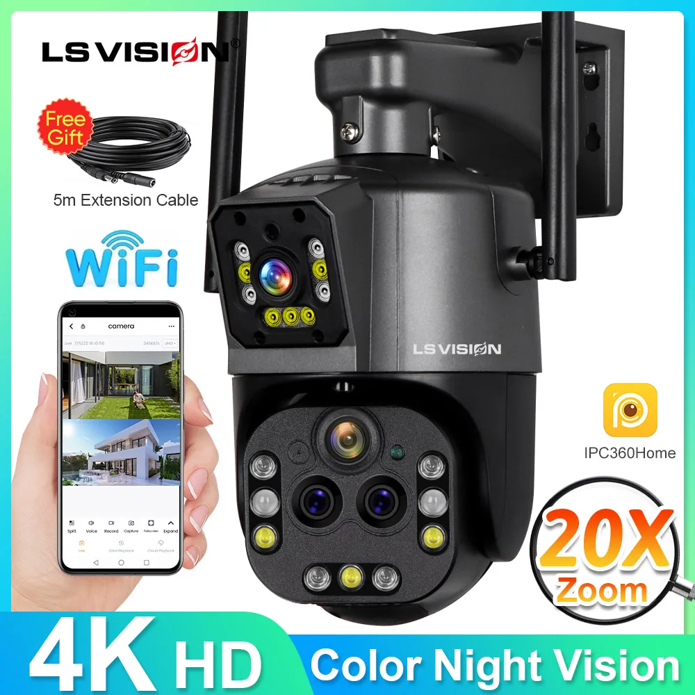 LS VISION 4K IP Camera Outdoor WiFi PTZ Dual Screen 20X 10X Optical Zoom Auto Tracking Waterproof Security CCTV Cam 5m Cable