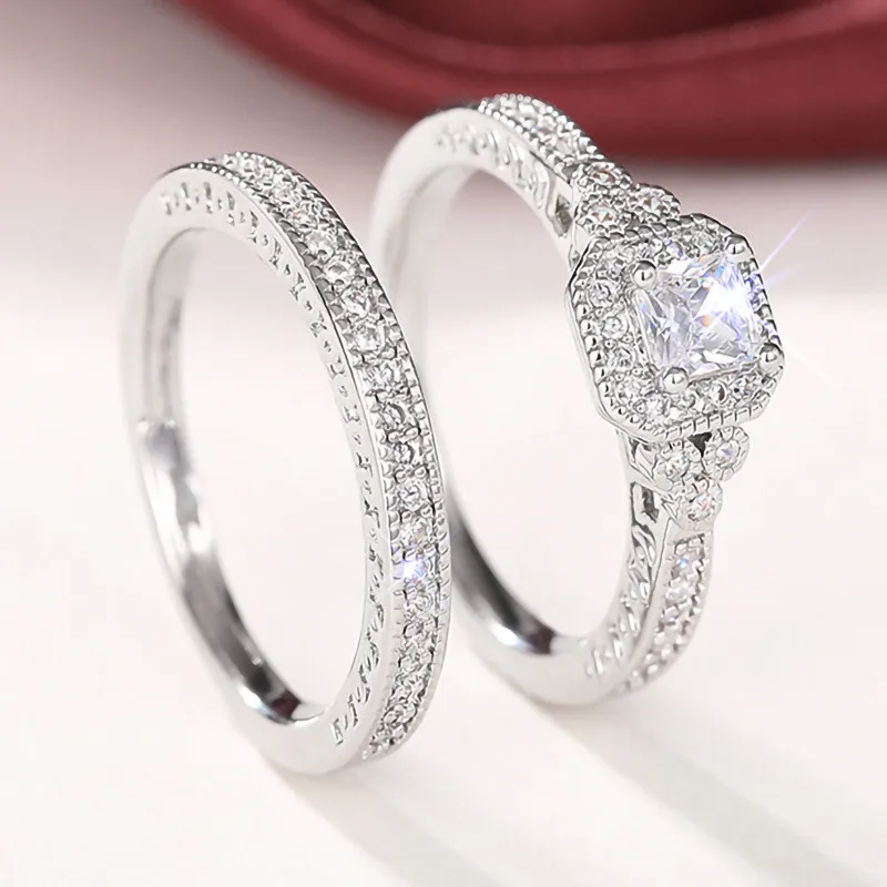 Conjunto de anillos de Plata de Ley 925 para mujer, 2 uds., accesorios de boda de circón cúbico de lujo, joyería femenina elegante con temperamento