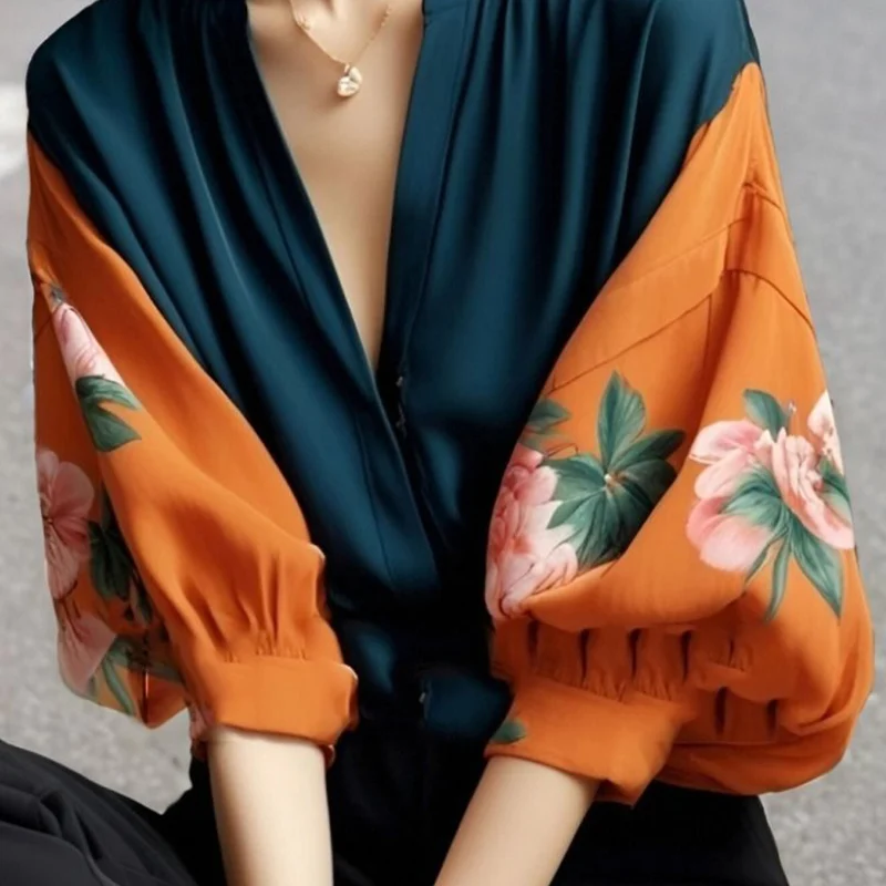 Vintage tempérament col en v impression haut t-shirt printemps été à la mode florale Patchwork col rabattu col rabattu chemises