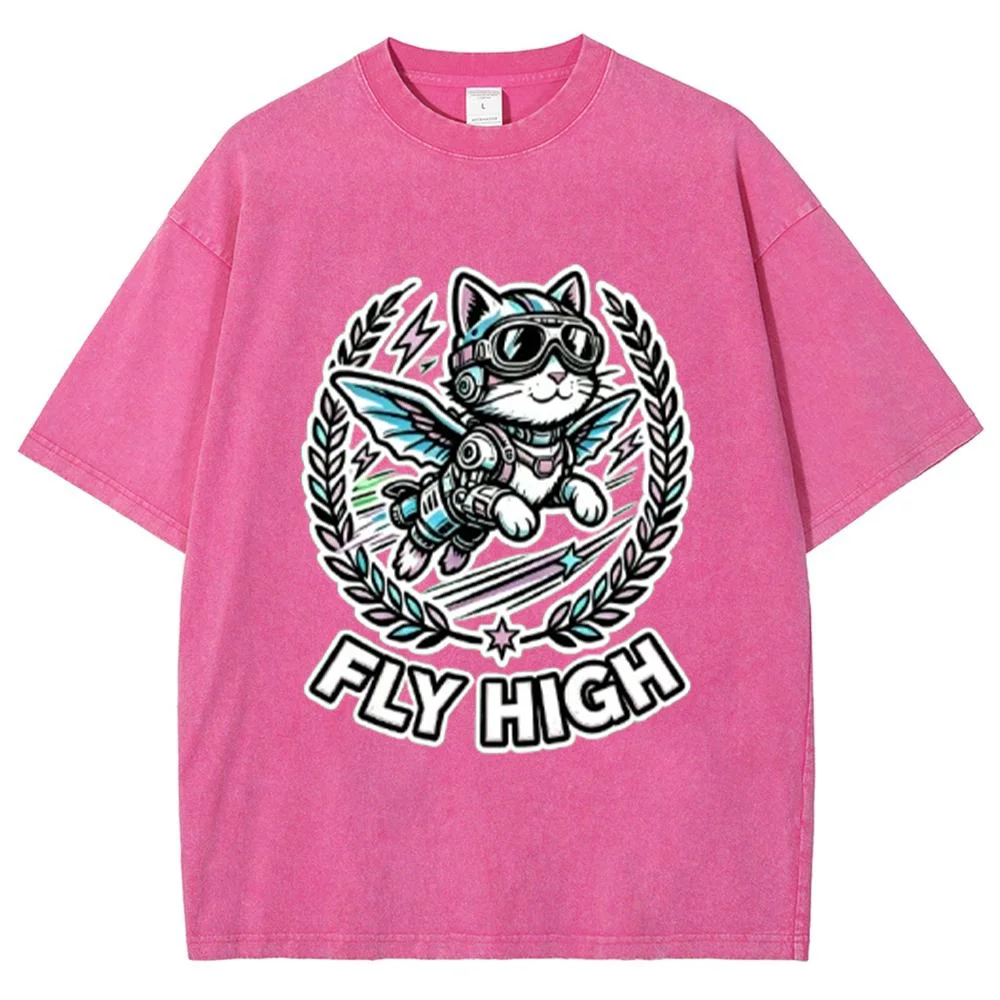 Vintage Graphic Tee For Men Women, Fly High Mechanical Pilot Cat Retro Sticker Style Short Sleeve Loose Oversize Casual Streetwe