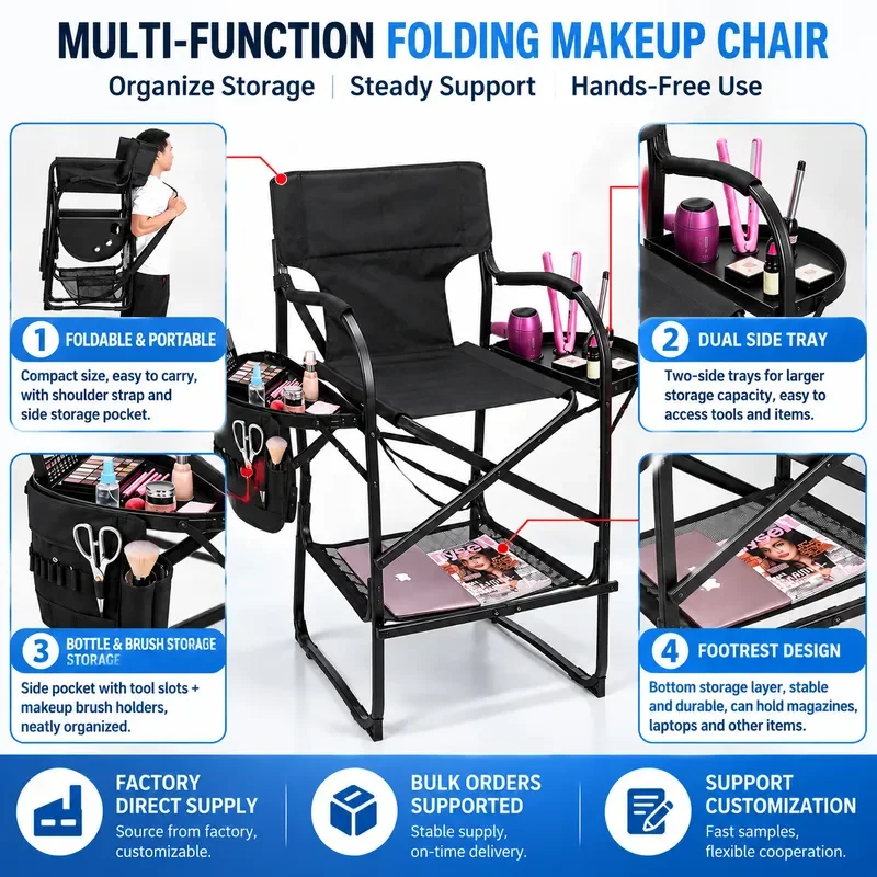 Portable Aluminum Makeup Chair Foldable High Back Director Seat for Hair Salon Outdoor Photography Black