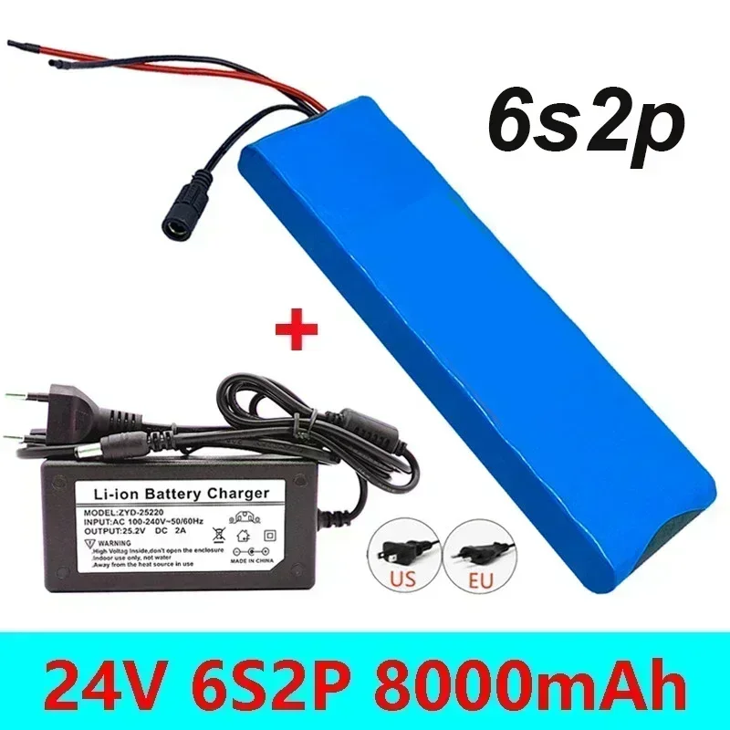 

2025 25.2V 24V 6S2P 8000mAh 18650 Lithium Battery Pack 24V with BMS for Electric Bicycle Moped Optional interface