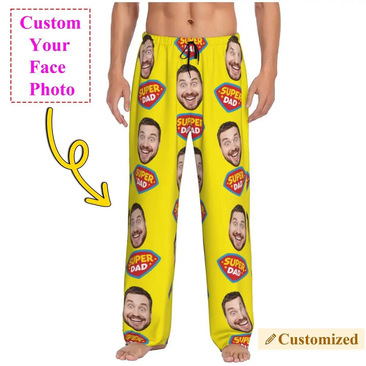 

Мужские пижамные штаны Super Dad на заказ, одежда для сна с индивидуальным дизайном лица и фото, штаны для сна с карманами