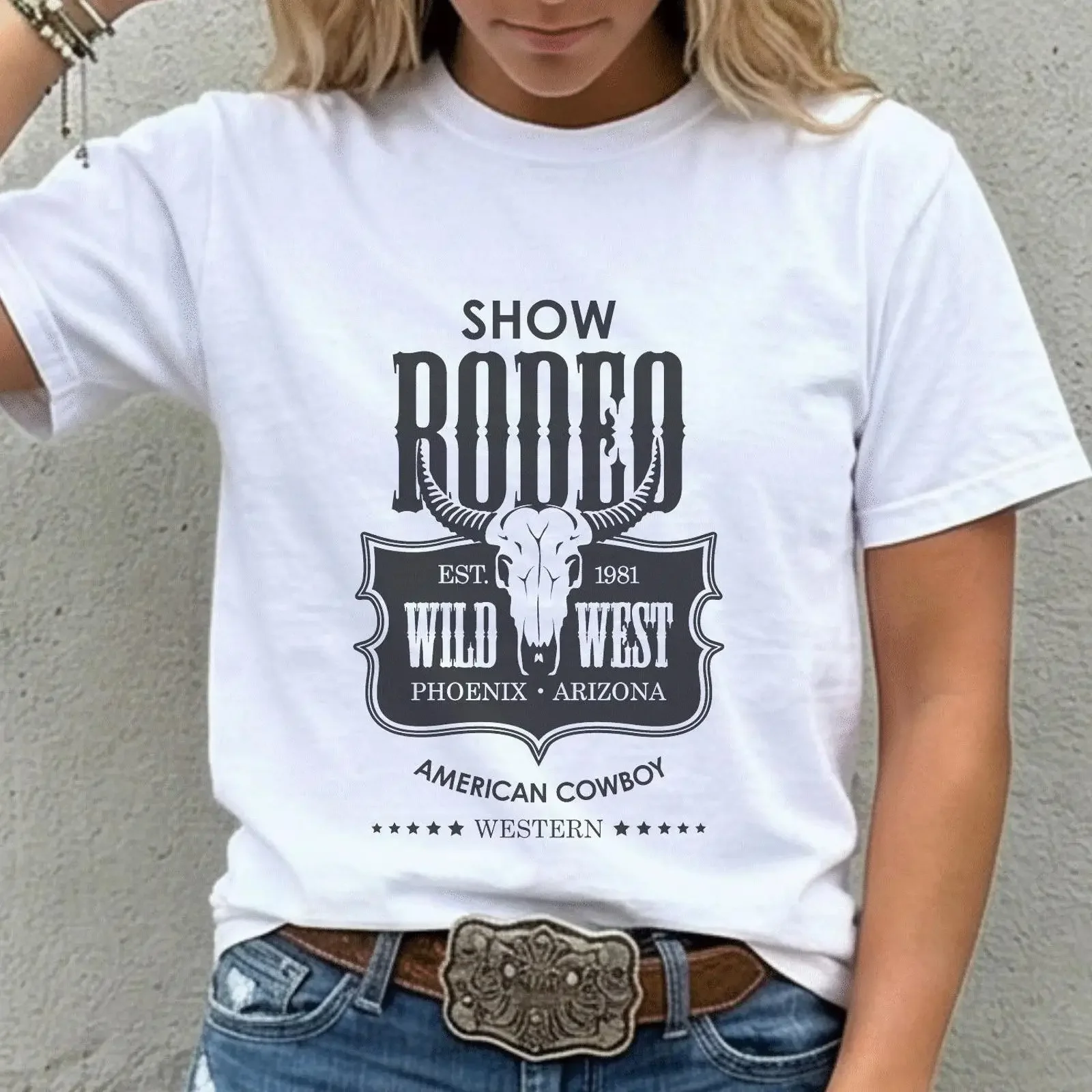 Camiseta vintage con estampado de calavera de toro del Rodeo del Salvaje Oeste, estilo vaquero del Oeste, Arizona, ropa de granja, streetwear vintage lavado
