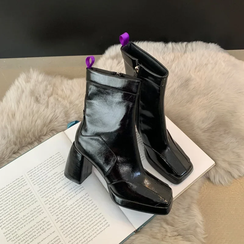 Ladies Square Toe Shoes Solid Color Ankle Boots Zipper Style Chunky Heels Botas Mujer Slip On Women Booties Autumn New Pumps