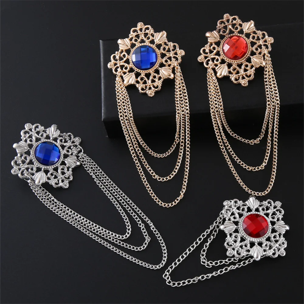 Vintage Court Carved Gemstone Chain Brooch Red Blue Dual Tone Gold and Silver Base Suit Dress Shirt Decoration Tassel Pin
