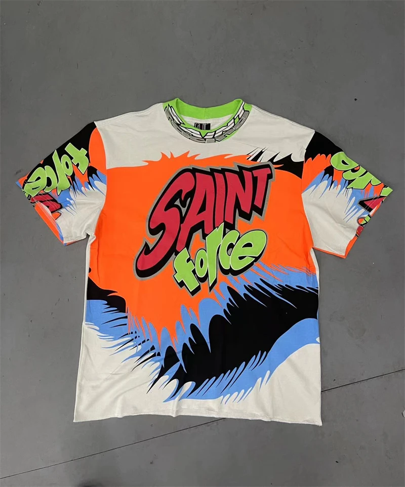 

Summer Retro Force Printed Vintage Racing Style Graffiti Short Sleeved High Street Rap Rock Hip-hop Loose T-shirt Y2K Tops