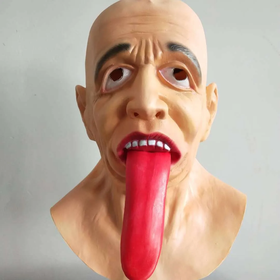 Gruselige Latex-Maske mit langer roter Zunge für den ganzen Kopf, realistische Gesichtsmaske eines Glatzkopfes, Halloween-Party-Kostüm, Cosplay-Maskerade, Scherz-Requisiten – Detail 3
