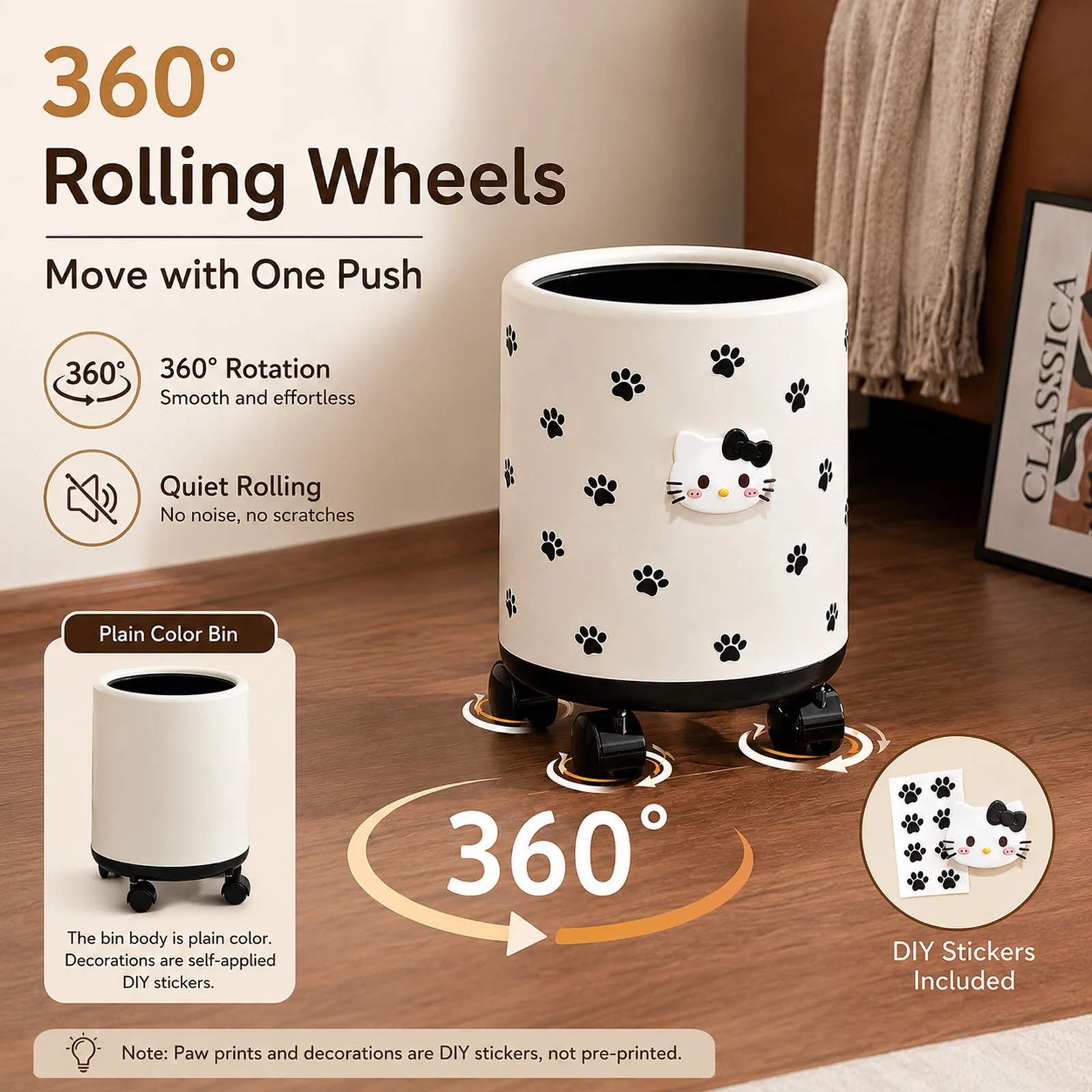Sanrio Hello Kitty Rolling Trash Can with 360 Universal Wheels Large Capacity Household Waste Bin with Free DIY Stickers view 2