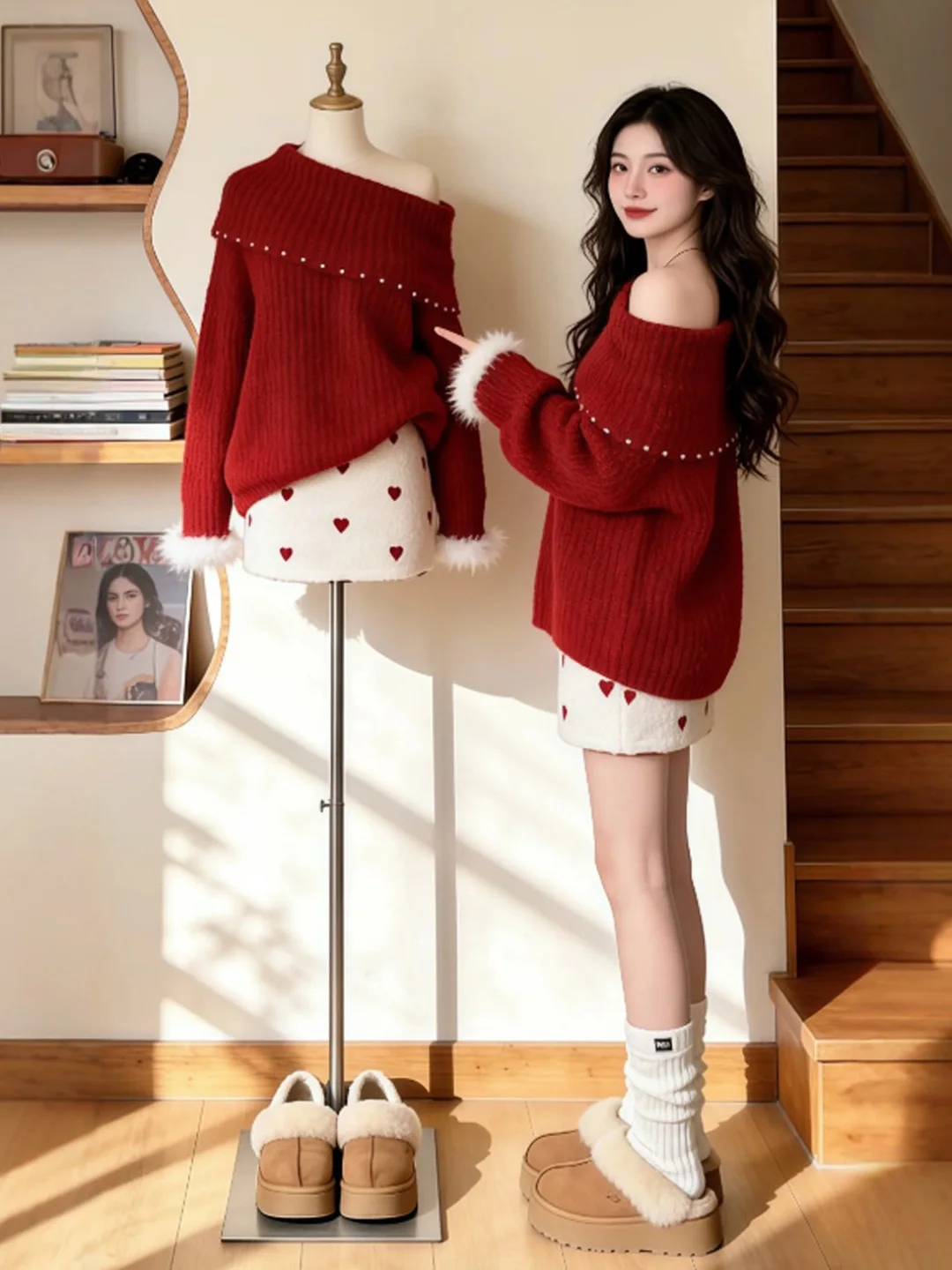 

Retro Unique Red Sweater Skirt Set Small Size Spring Faion Ensemble Comfortable Long Sve Cotton Dr