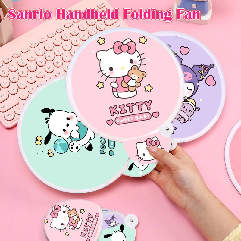 Summer Sanrios Folding Group Fan Kawaii Kuromi Hello Kitty My Melody Portable Fabric Pocket Fans With Storage Bag