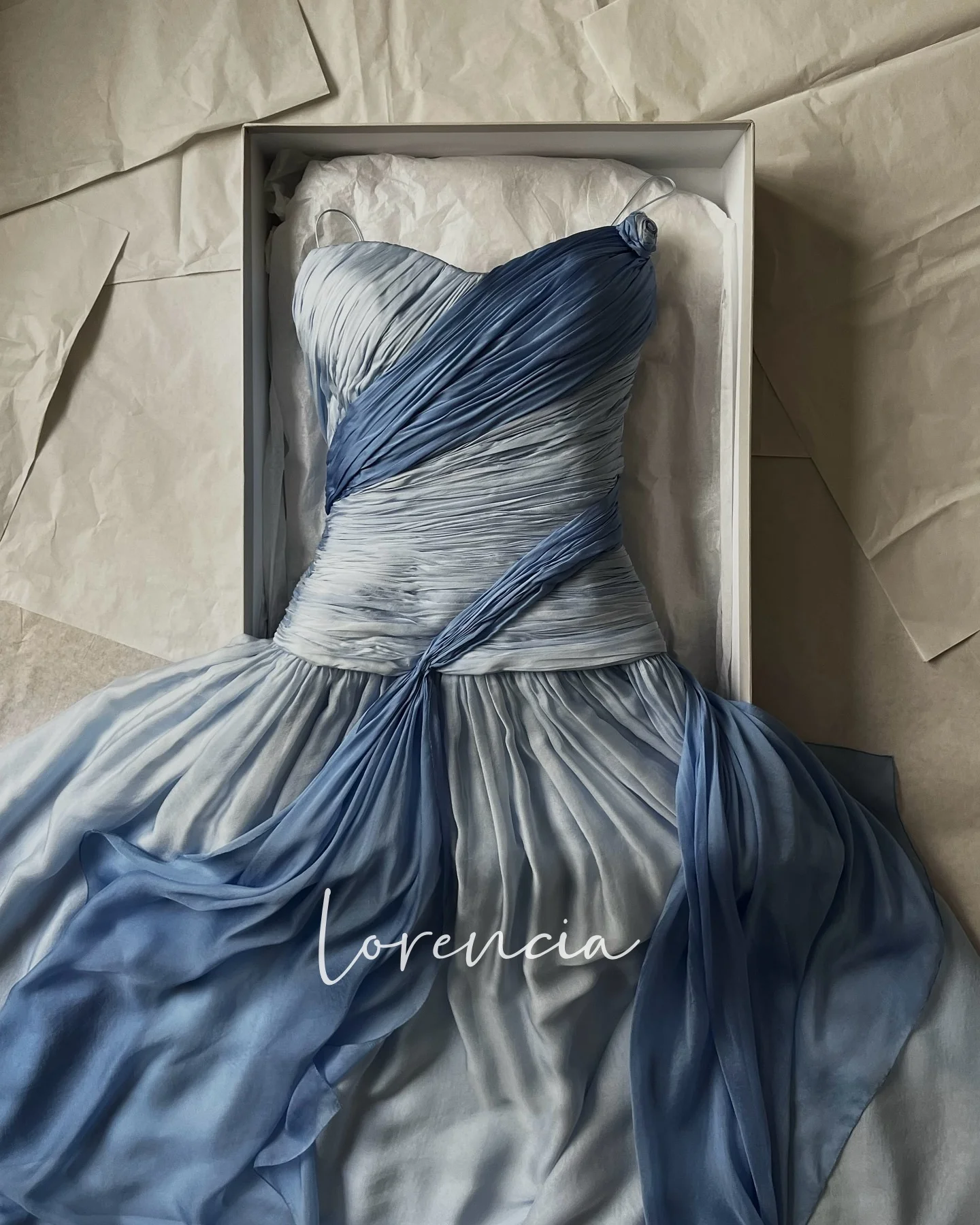 Lorencia Gradient Blue Pleated Chiffon Evening Dresses with Cape Sleeve Backless Dropped A-Line Formal Event Dresses Customized